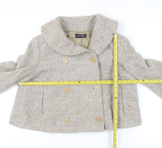Episode Women Beige Wool Blend Pea Coat Size 16 Tweed Short