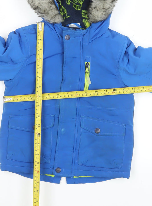 F&F Boys Blue Hooded Puffer Jacket 2-3 Years Faux Fur Trim Winter Coat