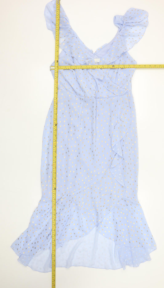 Quiz Women Blue Polka Dot Hi-Low Ruffle Wrap Dress Size 14