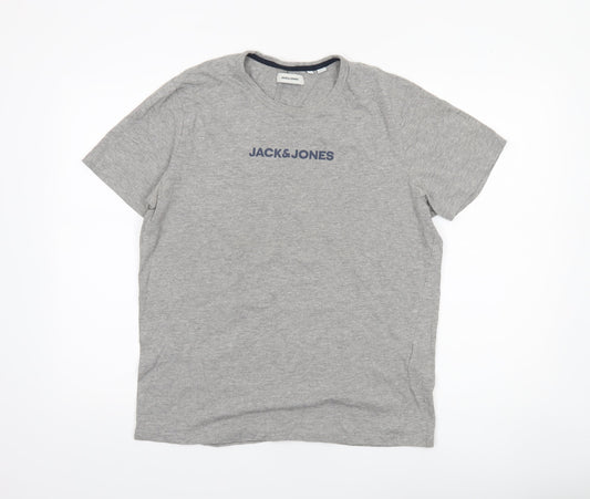 Jack & Jones Men's Grey Crew Neck Short Sleeve Cotton T-Shirt L