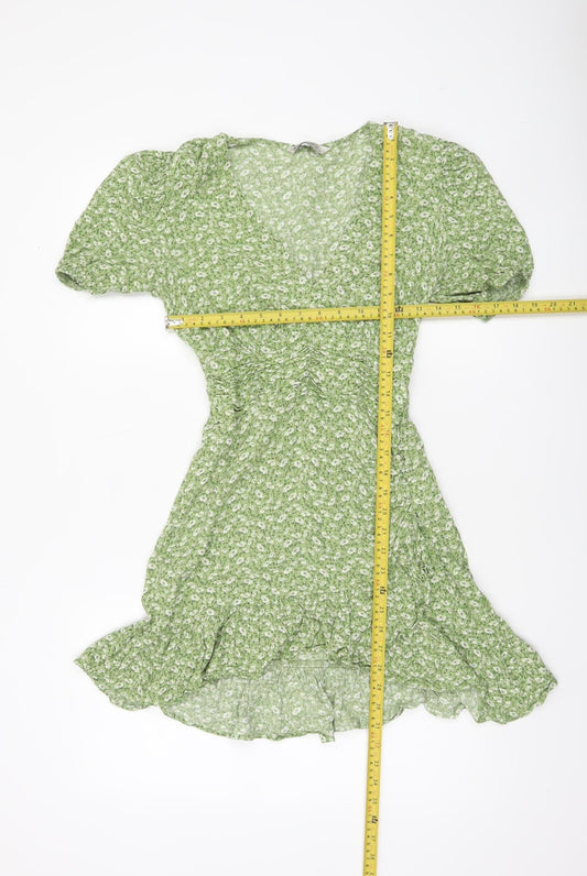 Stradivarius Women Green Floral V-Neck Short Sleeve Wrap Dress Size 12
