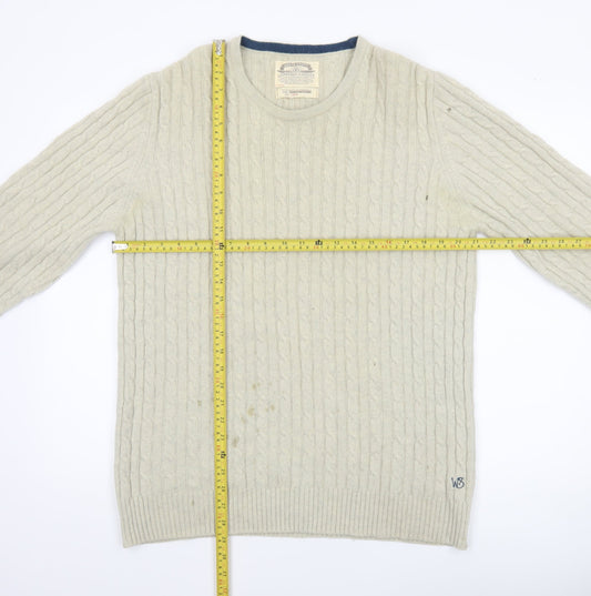 White Stuff Men's Beige Lambswool Cable-Knit Jumper Size L