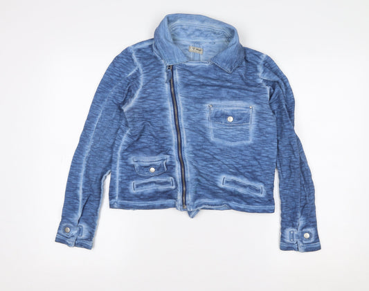 Additional front view of Next girls’ blue cotton biker jacket 14 years zip front casual outerwear