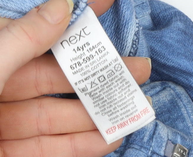 Brand and care label for Next girls’ blue cotton biker jacket 14 years zip front casual outerwear