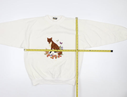 Acorn Leisure Womens Ivory Fox Embroidered Pullover Sweatshirt Size 12