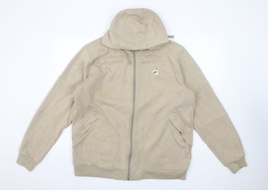 Nike Men's Beige Full Zip Hoodie L Embroidered Logo Cotton Blend