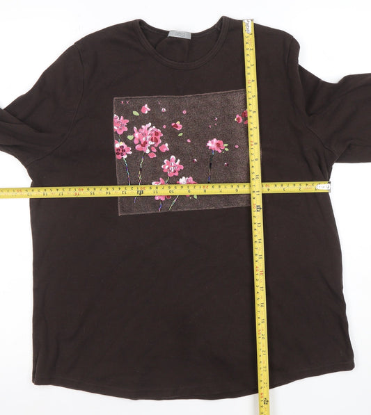 Marks and Spencer Womens Brown Floral Embroidered Long Sleeve Cotton T-Shirt Size 18