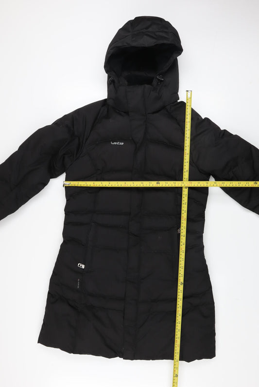 Wedze Womens Black Long Puffer Coat XS Hooded Down Winter Jacket