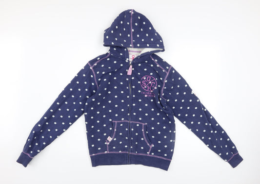 Additional front view of Lazy Jacks girls’ blue polka dot full zip hoodie 11-12 years nautical anchor design
