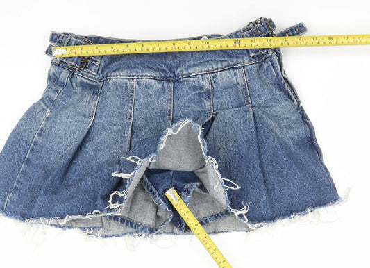 Bershka Women's Blue Denim Cut-Off Pleated Shorts Size 8