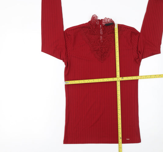 Diesel Women's Red Lace High Neck Long Sleeve Stretch Blouse Size M