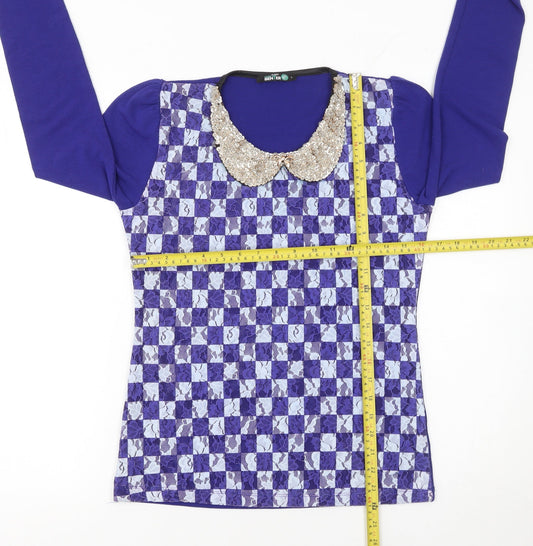 Benter Women's Blue Check Sequin Collar Long Sleeve Blouse Size L