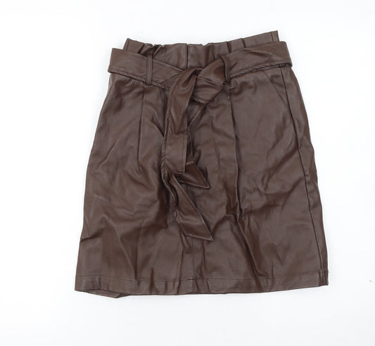 New Look Women Brown Faux Leather High Waist Knee Length Skirt Size 8