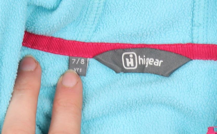 Brand and care label for Hi Gear girls’ blue fleece hoodie jacket 7-8 years hooded zip outdoor