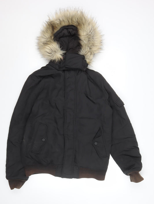 Tommy Jeans Men's Black Fur Hooded Bomber Jacket Size S Winter Coat