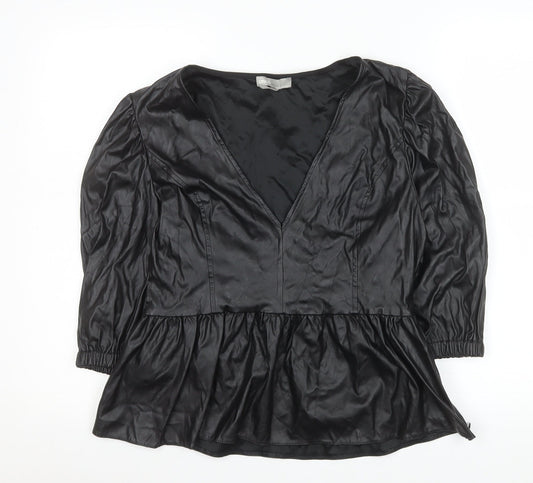 Additional front view of ASOS Women’s Black Faux Leather V-Neck Peplum Tunic Blouse, size UK 14