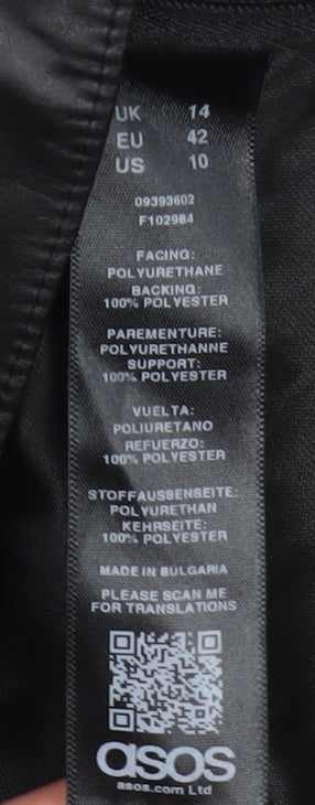 Brand and care label for ASOS Women’s Black Faux Leather V-Neck Peplum Tunic Blouse, size UK 14