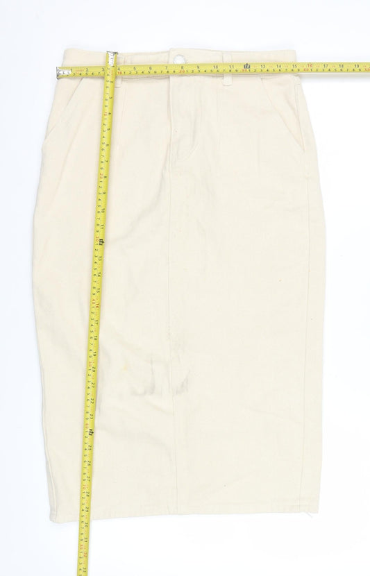 Boohoo Blue Women's Beige Cotton Pencil Skirt UK 10 Knee Length