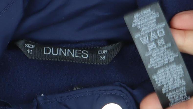 Brand and care label for Dunnes Women's Blue Mid-Length Parka Jacket, size 10