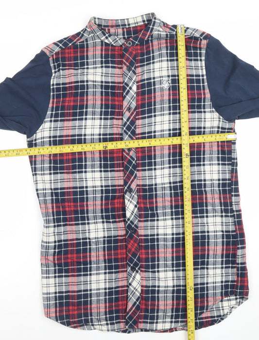 SikSilk Men's Red Navy Check Button-Up Shirt Size S Classic Cotton