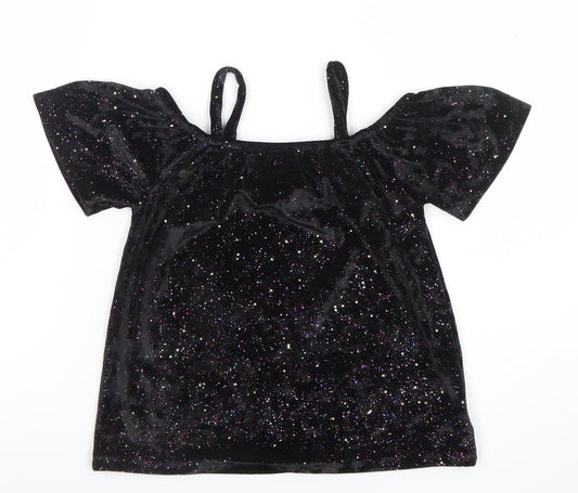 Additional front view of Next girls’ black glitter velvet off shoulder party top 5 years