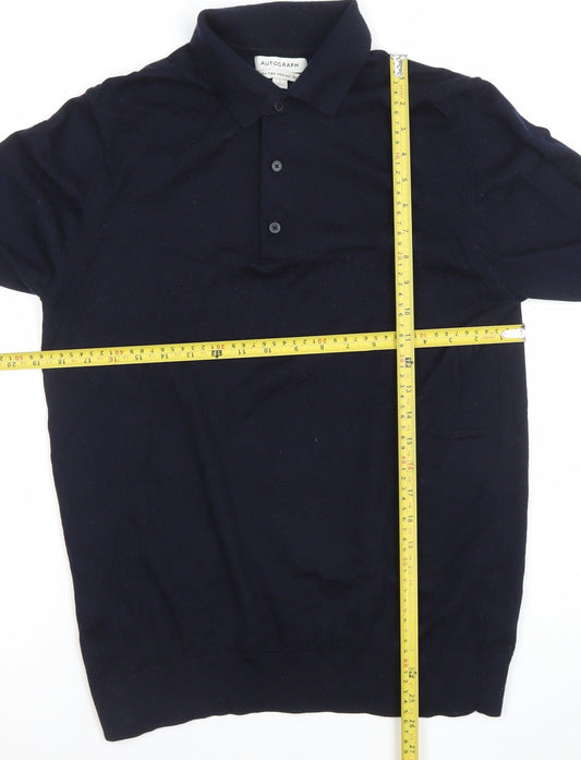 Marks and Spencer Mens Blue Merino Wool Long Sleeve Polo L