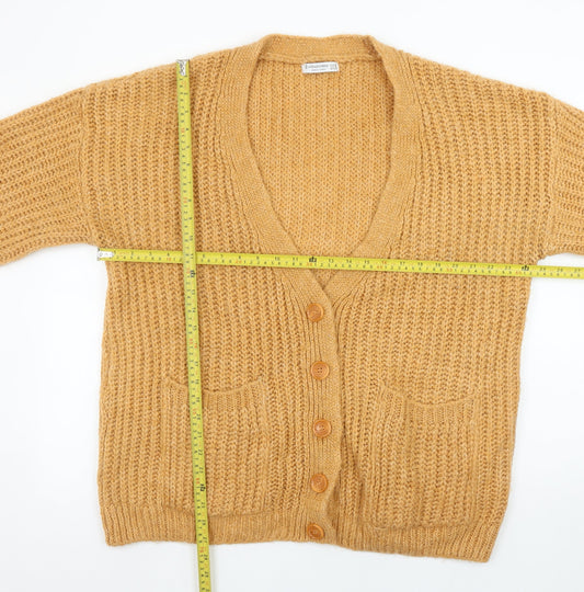 Stradivarius Women Beige Chunky-Knit V-Neck Cardigan Size M