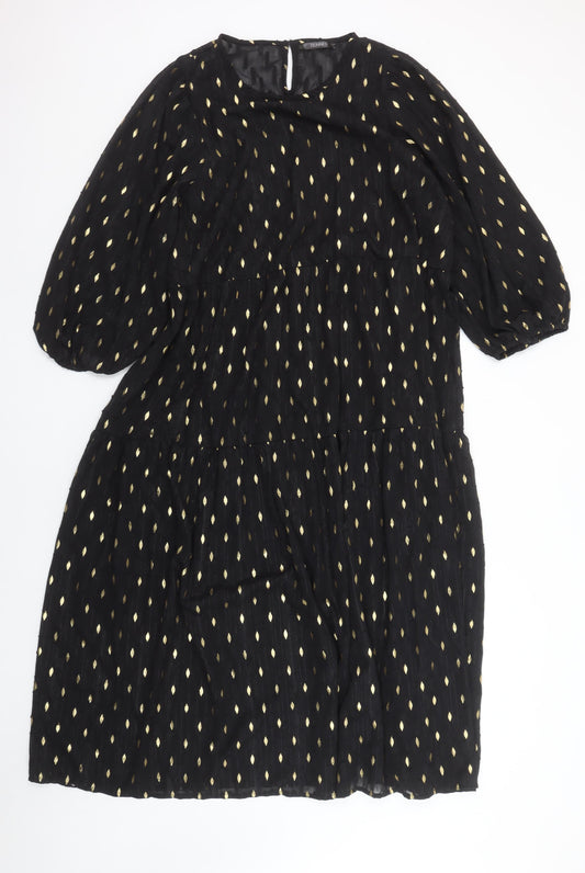 Additional front view of Dunnes Women Black Gold Metallic Shift Dress, size L, 3/4 Sleeve