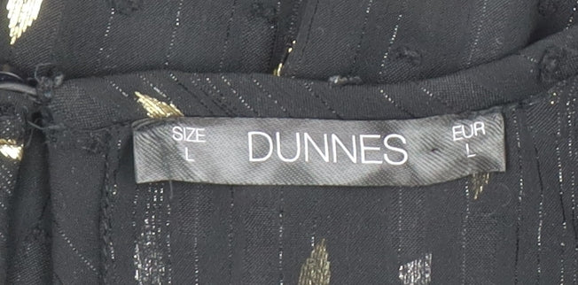 Brand and care label for Dunnes Women Black Gold Metallic Shift Dress, size L, 3/4 Sleeve