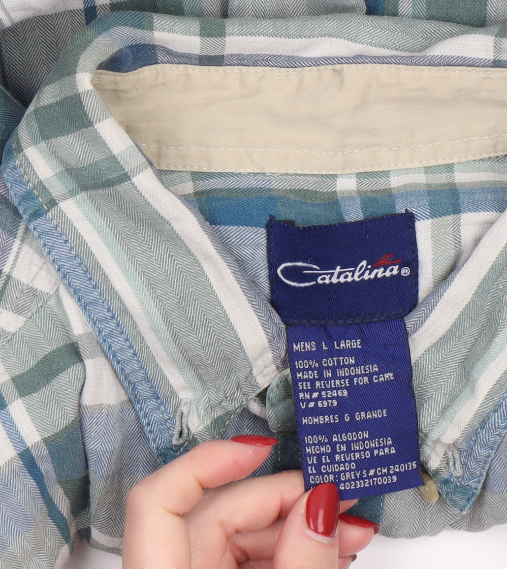 Catalina Men's Grey Check Cotton Long Sleeve Button-Up Shirt L