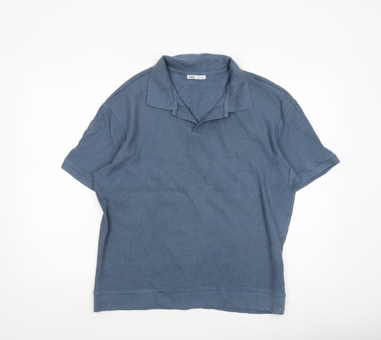 Zara Men's Blue Cotton Polo Shirt Size L Regular Fit