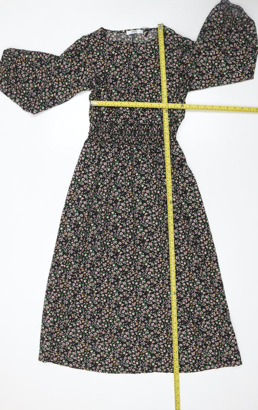 ONLY Women's Black Floral Midi A-Line Dress M Puff Sleeve