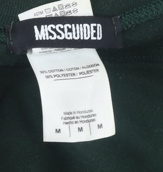 Brand and care label for Missguided Women's Green Superior Graphic Crew Neck Sweatshirt, size M