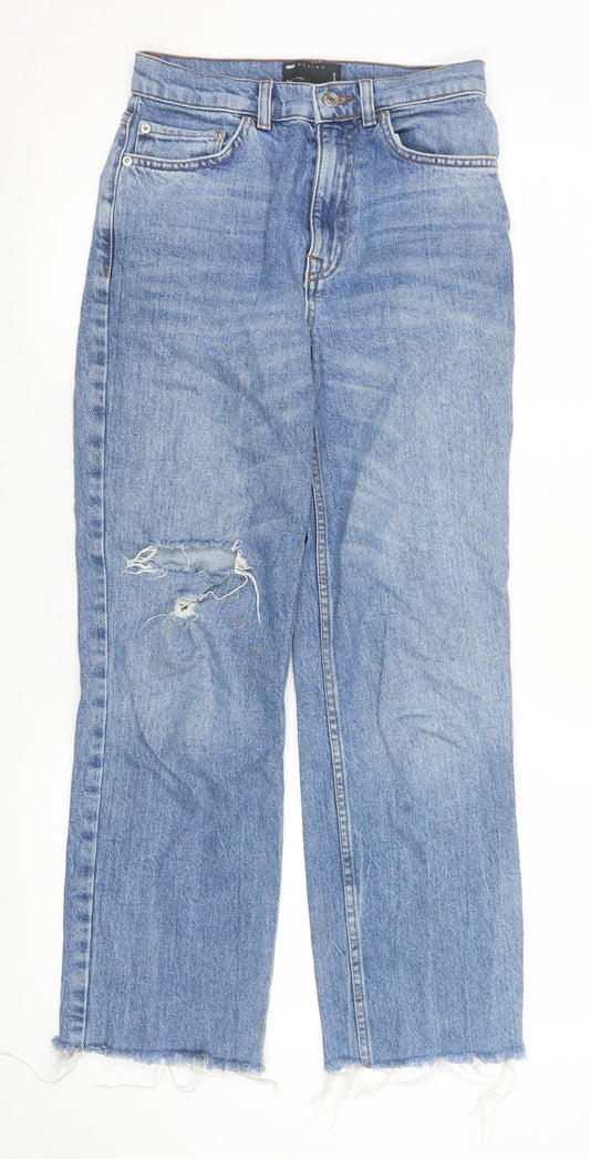 Additional front view of ASOS Women’s Blue Distressed High Rise Straight Jeans, size UK 8