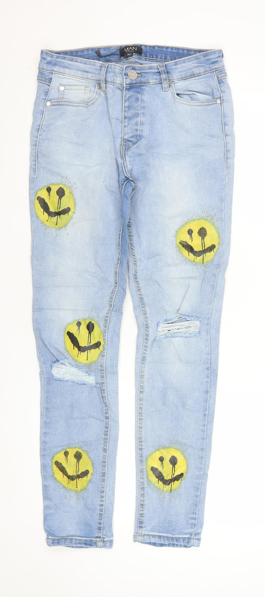 Additional front view of boohooMAN Men’s Blue Distressed Skinny Jeans 30W 32L Light Wash Art Print