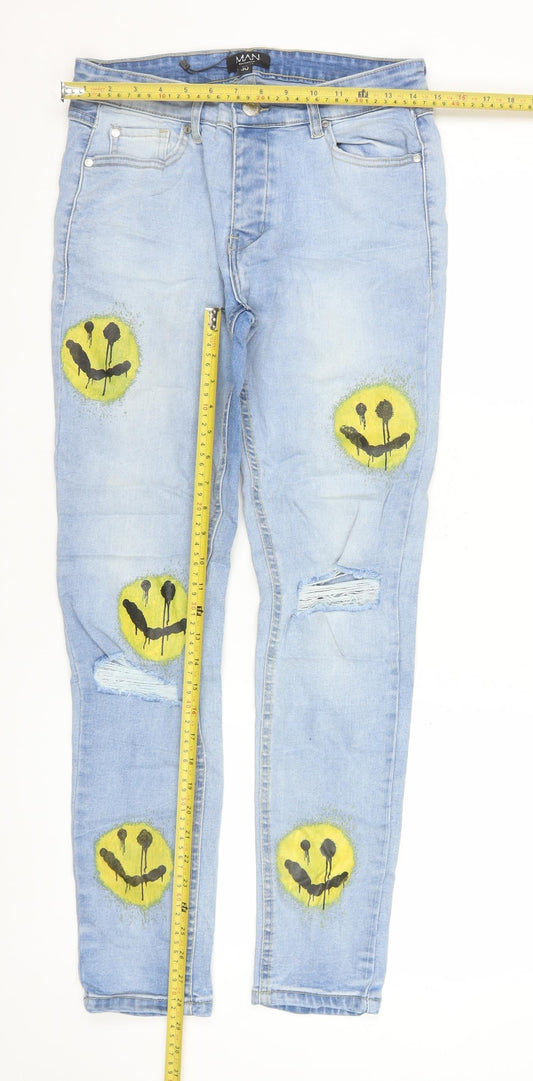 boohooMAN Men’s Blue Distressed Skinny Jeans 30W 32L Light Wash Art Print