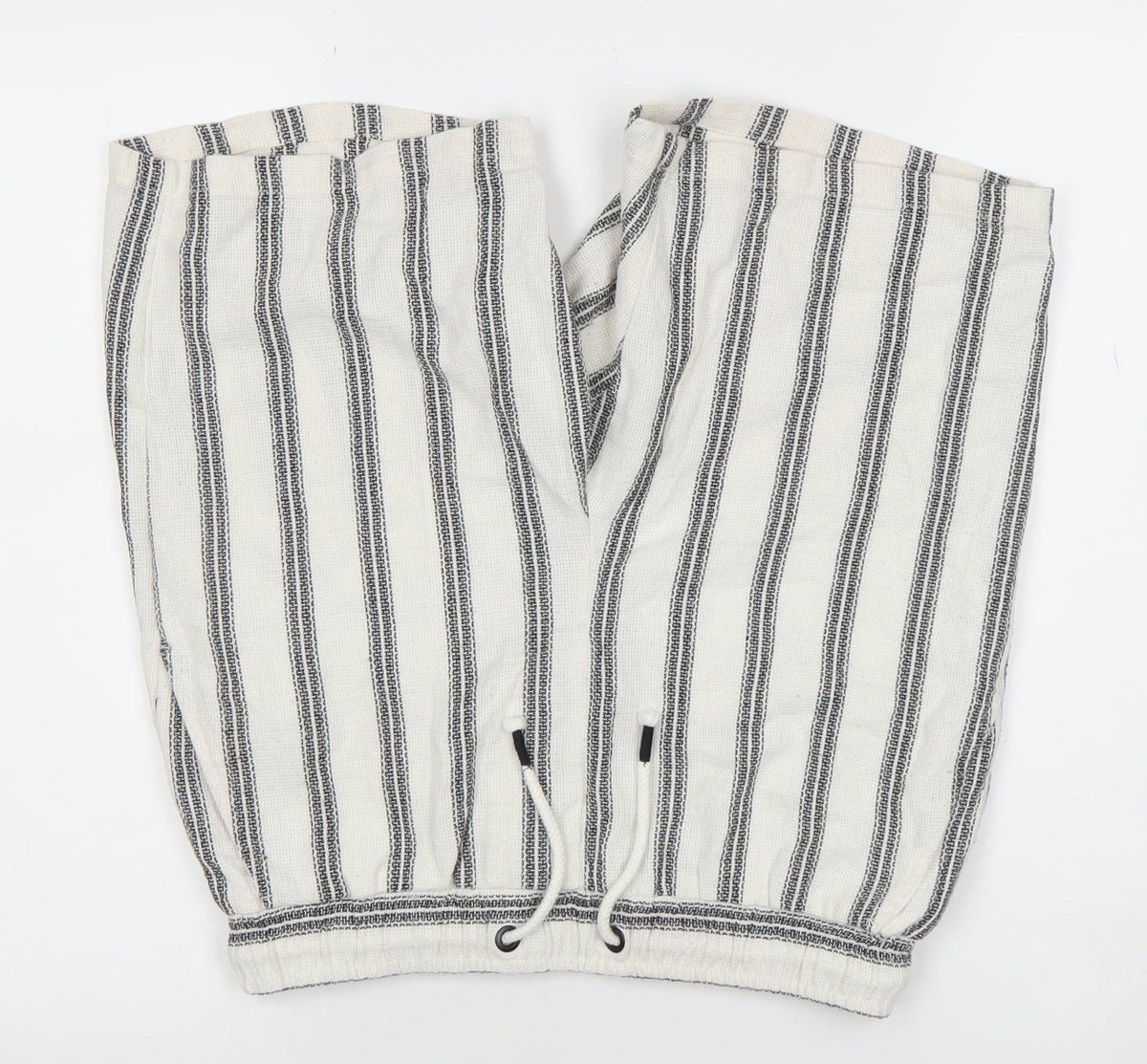 Brand and care label for Denim Co. Men's White Striped Bermuda Relaxed Shorts, size S