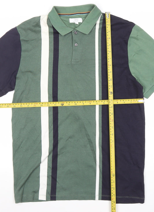 Next Men's Green Striped Short Sleeve Cotton Polo Shirt Size L