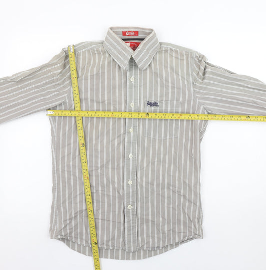 Superdry Men's Grey Striped Button-Up Shirt Medium Cotton Long Sleeve