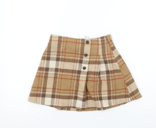 Next Girls Brown Plaid Pleated Skirt 7 Years Wool Blend Autumn Winter