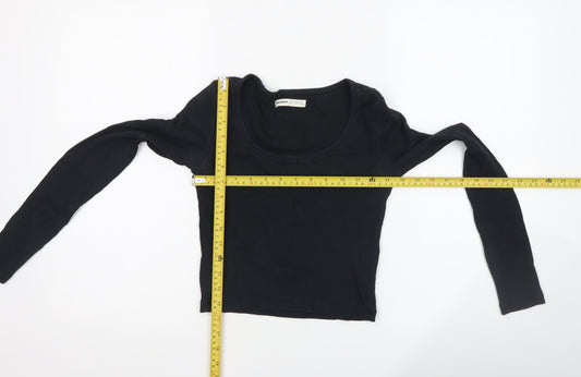 Pull&Bear Womens Black Cropped Long Sleeve Slim Fit Top M
