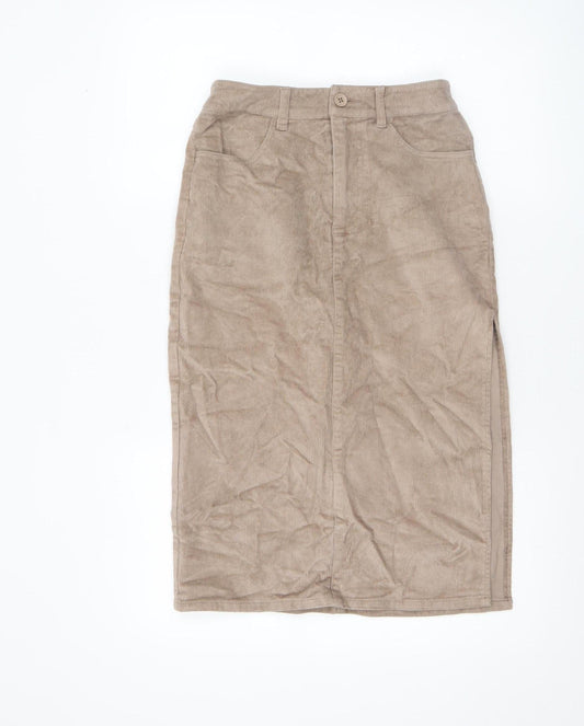 Additional front view of ASOS Women’s Beige Corduroy Midi Pencil Skirt, size UK 6, High Waist