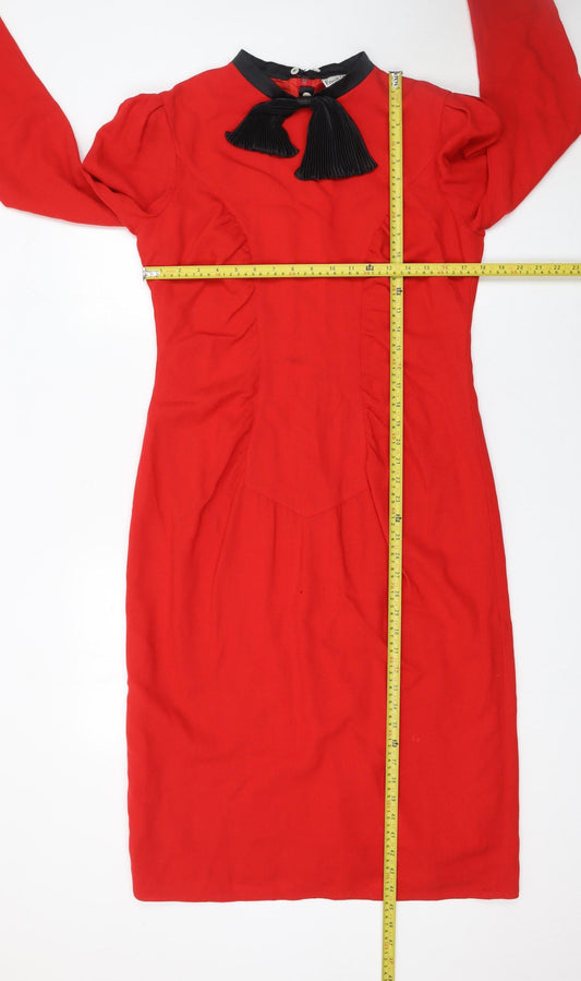 Frank Usher Women Red Wool Sheath Dress Size 16 Vintage Bow Detail