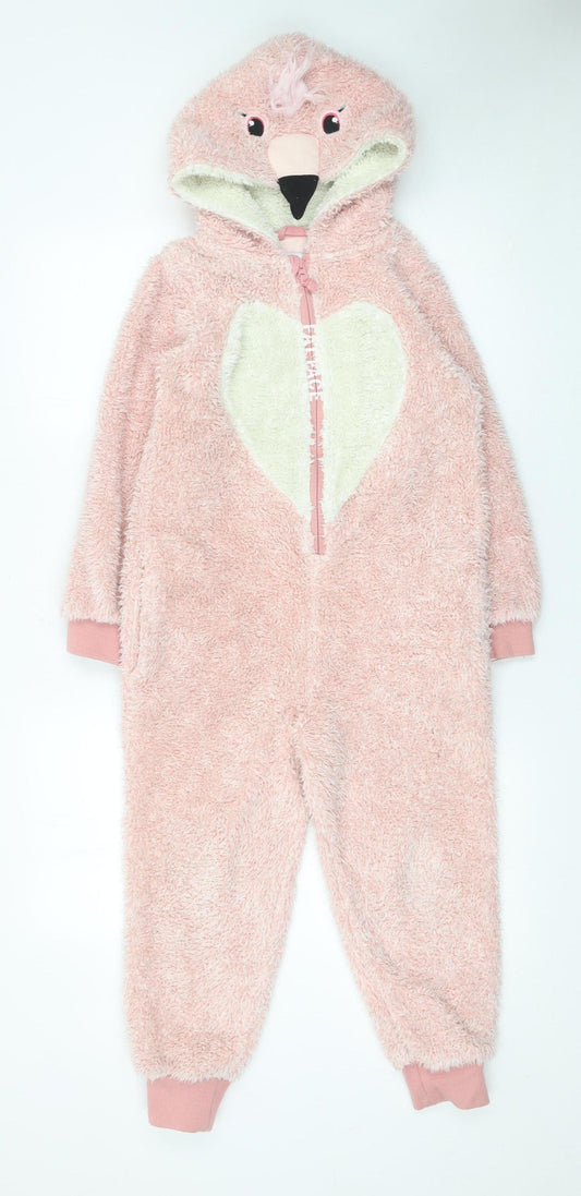 FatFace Girls Pink Hooded Fleece One Piece 8-9 Years Winter Zip Nightwear