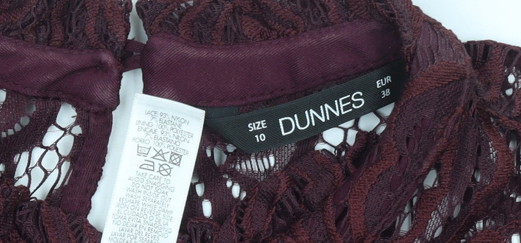 Brand and care label for Dunnes Women Brown Lace High Neck Sleeveless Blouse, size 10