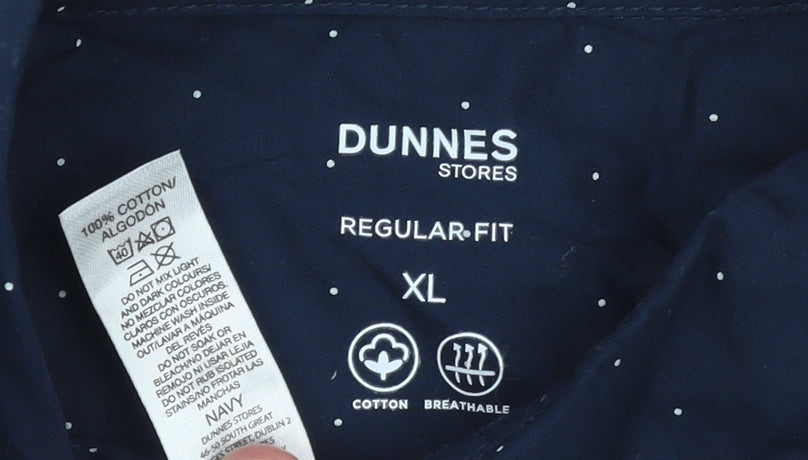 Brand and care label for Dunnes Men's Blue Polka Dot Cotton Regular Fit XL Shirt