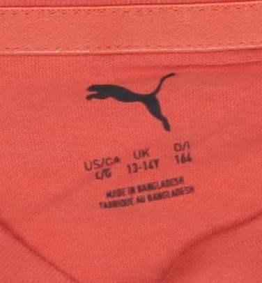 Brand and care label for Puma boys’ orange graphic print t-shirt 13-14 years short sleeve casual top