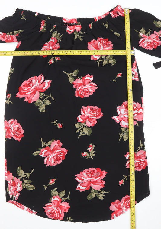 Camio Rose Womens Black Floral Off Shoulder Knee Length Dress Size 12