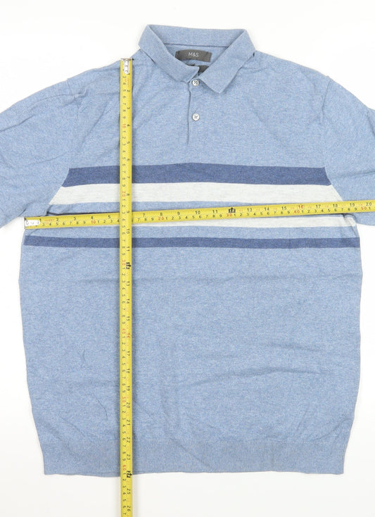 Marks and Spencer Men's Blue Striped Collared Short Sleeve T-Shirt M