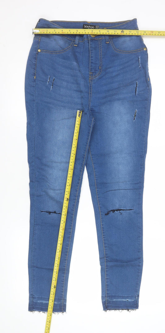 Boohoo Womens Blue Skinny Distressed High Rise Jeans Size 10